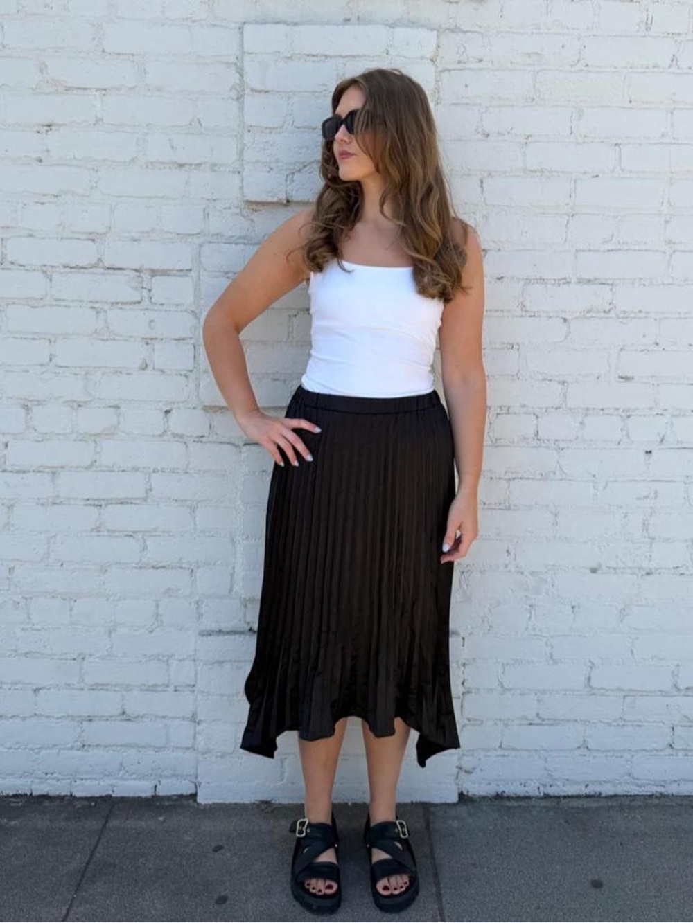 Black pleated accordion satin midi skirt with ruffle hem sz s #classy #goingout